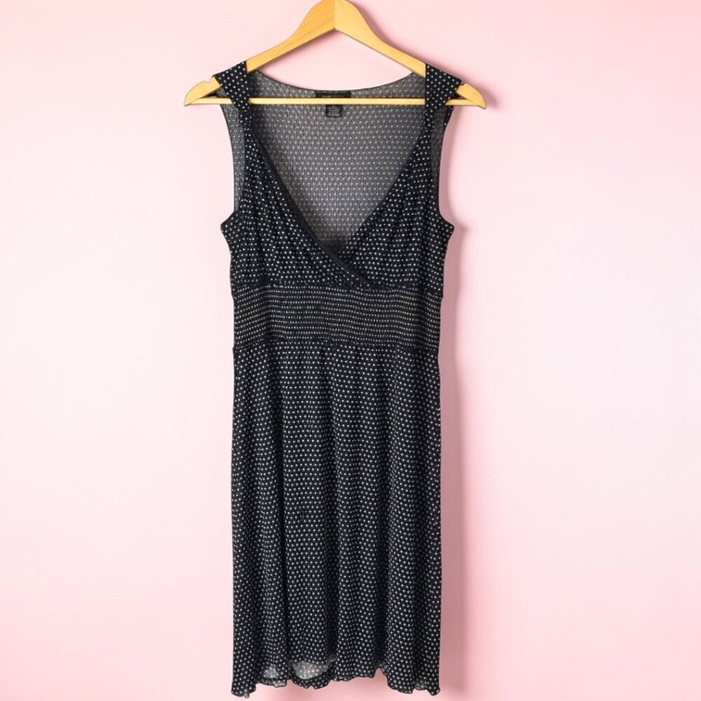 BCBGMaxAzria Black Polka Dot Dress – Mesh Sleeveless Midi M – Lined, Flowy
